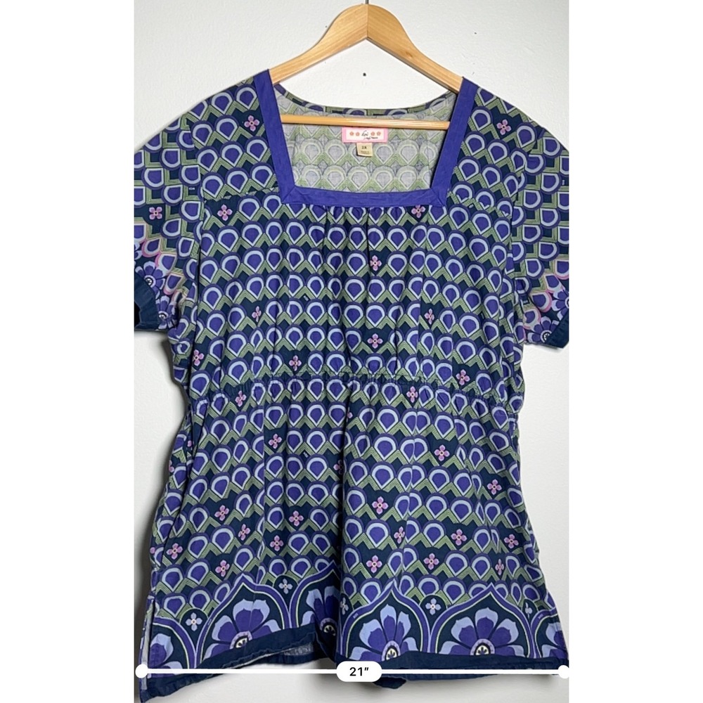 Koi by Kathy Peterson Womens Scrub Top Purple Green Geometric Comfy Cotton 2X - Picture 6 of 11